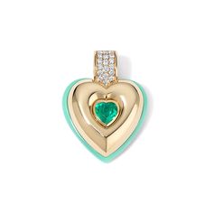 This captivating heart charm is designed to make a bold statement. Featuring a emerald green center stone and layers of gold and mint opal, it promises to be eye-catching and unique. 14K Yellow Gold Emerald weight = 0.87 carats Mint Opal weight = 0.87 carats Diamond weight = 0.42 carats Diamond bail opens Heart pendant = 3.5cm x 3.5mm, 1cm thick Charm can be purchased on its own or on a 16in chain Emerald Heart Charm Jewelry, Green 14k Gold Heart Jewelry, Green Heart-shaped 14k Gold Jewelry, Heart Cut Emerald Jewelry In Yellow Gold, Heart-shaped Yellow Gold Emerald Jewelry, Heart Shaped Yellow Gold May Birthstone Jewelry, Heart-shaped Yellow Gold Jewelry For May Birthstone, Yellow Gold Heart Jewelry For May Birthstone, Green Emerald Heart Pendant Jewelry