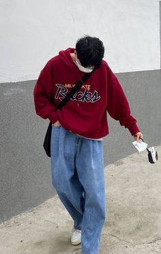 Red Hoodie Outfit Aesthetic Men, Streetware Outfits Men, Korean Male Outfits, Korean Street Style Men, Korean Fashion Men Hoodie, Red Hoodie Outfit Men, Streetware Outfits, Y2k Fashion Male, Korean Street Fashion Mens