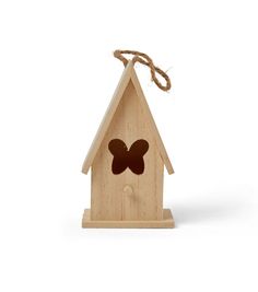 a wooden birdhouse with a butterfly on it's side and a string hanging from the roof