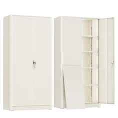 two white cupboards with open doors on each side and an empty shelf in the middle