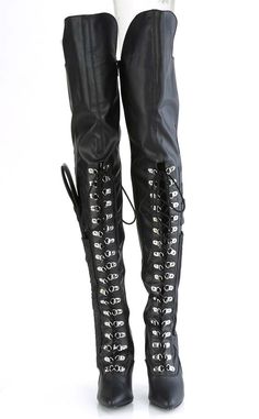 Become the ultimate dominatrix in the SEDUCE-3082 boots! These thigh highs feature a cross/arrow design, an extended front shaft, a 2/3 length lace-up and a whip holder on the outside (yes, the whip comes with it!). The boots secure with a full-length inner zip closure for easy on/off. Whip measures 10" long. The SEDUCE series features a 5" (127mm) heel. Calf Circumference (Size 8): 36.8cmThigh Circumference (Size 8): 51cmShaft Height (Size 8): 60.8cm Material: 100% vegan. US women's sizing-refe Whip Holder, Platform Shoes Boots, Leather Thigh High Boots, Pleaser Shoes, Pole Fitness, Arrow Design, Black Vegan, Top Beauty Products, Goth Outfits