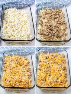 four pictures showing different stages of making an enchilada casserole dish