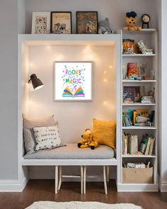 a child's room with bookshelves and toys