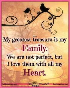 a quote with two birds sitting on a tree branch and the words my greatest treasure is my family we are not perfect, but i love them with all my heart