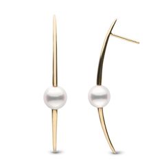 Slip on our Stiletto Collection earrings and you will feel their sleek and sultry appeal. Give your jewelry collection a sophisticated edge with this dramatic yet austere design. The earrings are handcrafted in solid 14-karat gold, and measure over one and a half inch in length. They feature a 6.5-7.0 mm, AAA quality saltwater Akoya pearl that has a nice round shape, a clean surface and beautiful luster. Akoya Pearl Earrings, Jewelry Design Drawing, Pearl Accessories, Geometric Jewelry, Pearl Types, Akoya Pearls, Pearl Size, Pricing Jewelry, Ear Jewelry