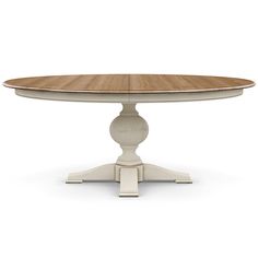 an oval dining table with two pedestals on each end and a circular wooden top