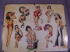 an old sign with some pictures of women in bathing suits and bikinis on it