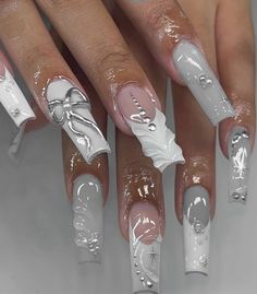 gelxxmel on ig Acrylic Nails Birthday Ideas, Classy Baddie Nails Coffin, Classy Nails For Winter, 24th Birthday Nails Ideas, Classy But Fun Nails, Md Nail Ideas, Grey And White Nails Ideas, Rhinestone Art Nails, Birthday Nails Number