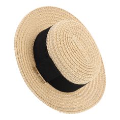 a straw hat on a white background with black ribbon around the brimmed band