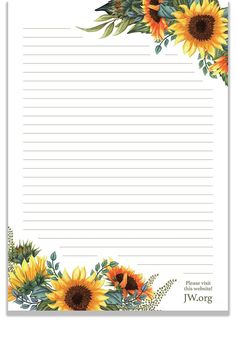 a notepad with sunflowers and greenery on the border, in white paper