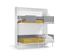 a white bunk bed with two yellow bedspreads on top and bottom bunks