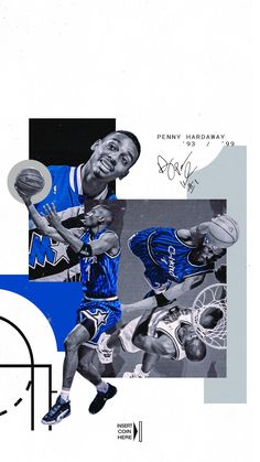 a collage of basketball players in blue and white uniforms, with one holding the ball