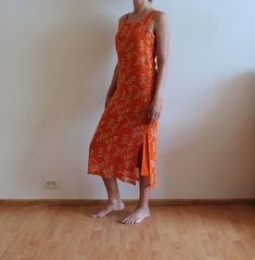 "Vintage Dress Floral Summer Dress Bright Orange Sleeveless Dress Lining Flower Grunge Boho Hippie Small Size Label size: S Shown on model M Measurements (lying flat): Waist: 17\"/ 43 cm Pit to pit: 19\"/ 48 cm Length total: 49.5\"/ 126 cm Condition: Great Vintage Condition Material: 100%viscose. Lining: 67%viscose,33%cotton N.B. Color may slightly differ from picture Please check measurements to insure a proper fit. Remember to allow yourself some extra room for movement. You can compare these Flower Grunge, Dress Lining, Floral Summer Dress, Extra Room, Floral Dress Summer, Size Label, Dress Floral, Vintage Dress, Dress Clothes For Women