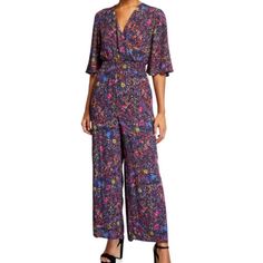 Nwt Purchased From Neiman Marcus Lined Chic Floral Print Jumpsuits And Rompers For Fall, Summer Purple Jumpsuits And Rompers For Work, Chic Floral Print Jumpsuits For Fall, Purple Summer Jumpsuits And Rompers For Work, Purple Jumpsuits And Rompers For Summer Workwear, Multicolor Jumpsuits And Rompers For Spring Workwear, Floral Print Jumpsuits And Rompers For Spring Workwear, Chic Floral Print Jumpsuits For Work, Spring V-neck Jumpsuits And Rompers With Smocked Back