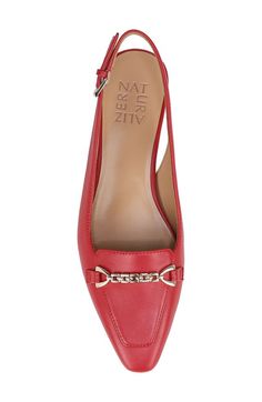 A glossy chain ornament shines on the vamp of this leather slingback sandal framed by a pointy apron toe and flared block heel. 1 1/4" heel Contour+ Comfort technology Leather upper/synthetic lining and sole Imported Red Leather Slingback Sandals With Red Sole, Red Slingback Heels With 4-inch Heel, Red Slingback Pumps With Ankle Strap And 4-inch Heel, Red Leather Slingback Pumps With 4-inch Heel, Red Patent Leather Slingback Pumps With 4-inch Heel, Crimson Red, Slingback Sandal, The Vamps, Red Leather