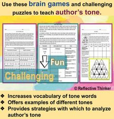 a poster with text that says, use these brain games and challenging puzzles to teach author's tone