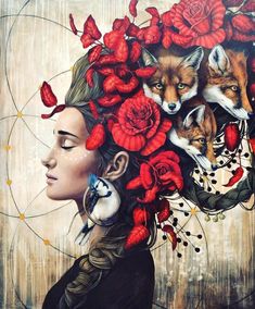 a painting of a woman with red flowers in her hair and two foxes on her head