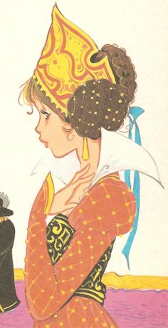 a drawing of a woman in an orange dress with a hat on her head holding a black object