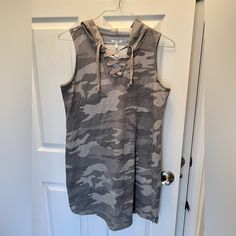 Maurice’s Camo Lace Up Sleeveless Hoodie Dress. Super Soft. Nwt. Large. Cotton/Poly. Casual Camouflage Dress For Spring, Casual Camouflage Dresses For Spring, Casual Camouflage Fall Dresses, Casual Camouflage Dress For Fall, Casual Camouflage Dresses For Fall, Casual Camouflage Dresses, Maurices Dresses, Sleeveless Hoodie, Gray Green