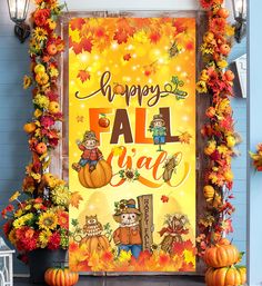 a happy fall sign surrounded by autumn leaves and pumpkins