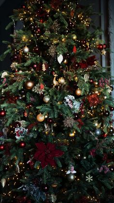 a decorated christmas tree with red and gold ornaments on the top, in a dark room