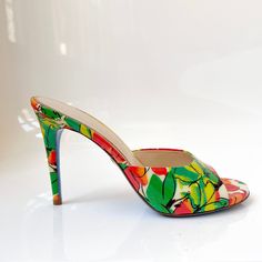 Euc Excellent Used Women's Ladies Fashion Sexy Open Toe Mule Sandal High Heels Made In Italy Brand: Loriblu Size: 40it 9us Color: Green, Red, White Black Colorful Model: 6e S40426 Sc New Luana V/12 Vernice 2b01d68p Features - High End Luxury Brand, Beautiful Quality And Unique Design - Loriblu Signature Blue Sole - Beautiful Colorful Open Toe Sandal - Patent Leather Outer, Leather Sole, Leather Inside - Classic Style With Modern Twist - Round Toe - Stiletto High Heel, Height 4.5" - Backless, Sandal Mule - Beautiful Artistic Floral Pattern Retail Price $595 Original Box And Dust Bag Included Condition Worn Once, Excellent Condition. Slight Wear On The Bottom, Otherwise No Visible Wear Multicolor Pointed Toe Sandals For Summer, Chic Multicolor Pointed Toe Sandals, Multicolor Summer Evening Heels, Multicolor Round Toe Sandals, Fitted Multicolor Sandals With Round Toe, Fitted Multicolor Round Toe Sandals, Multicolor High Heels For Vacation, Fitted Heels For Spring Vacation, Chic Floral Print Heels For Vacation