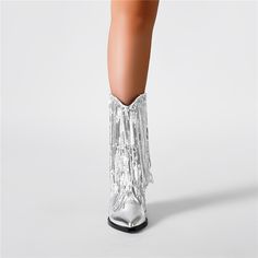 Shop Silver Metallic Tassel Ankle Boots Chunky Heels Cowboy Boots with Pointed Toe color Silver for Big Day, Date, Going out, Party with worldwide Free shipping & Free return. Trendy Summer Party Heeled Boots, Western Round Toe Heeled Boots For Party, Western Heeled Boots With Round Toe For Party, Western High Heel Boots For Party, Western Style Round Toe Heeled Boots For Party, Western High Heel Party Boots, Western Style High Heel Party Boots, Heeled Boots With Stacked Heel For Fall Party, Western Party Boots With Fringe