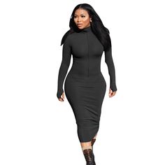 High Neck Knitted Zipper Long Sleeve Pencil Dress Fall Slim Fit Midi Bodycon Dress, Slim Fit Midi Bodycon Dress For Fall, Chic High Stretch Bodycon Dress For Fall, Fall Knee-length Bodycon Dress, Solid Sheath Bodycon Dress For Fall, Sheath Bodycon Dress For Fall, Fall Bodycon Sheath Midi Dress, Knee-length Midi Dress For Club In Winter, Fall Bodycon Midi Dress With High Neck