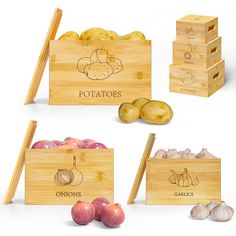 three wooden boxes with onions, potatoes and garlics in them next to chopsticks