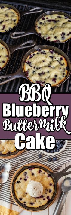 blueberry buttermilk cake in pans with spoons