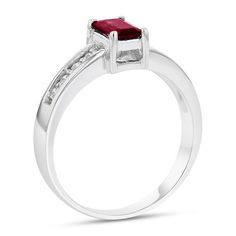 A modern choice just for her, this exceptional gemstone and diamond engagement ring reflects your one-of-a-kind romance. Created in 14K white gold, this refined design features a vivid 6.0 x 4.0mm emerald-cut bright red ruby. The squared shank glistens with sparkling diamonds wrapped in polished borders. Radiant with 1/6 ct. t.w. of diamonds and a brilliant buffed luster, this ring makes a stunning impression. Natural Diamond Engagement Ring, Red Ruby, Sparkle Diamonds, Emerald Cut, Diamond Engagement Ring, Bright Red, Diamond Engagement, Types Of Metal, Diamond Engagement Rings