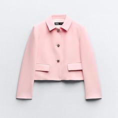 Blazer With Lapel Collar And Long Sleeves With Shoulder Pads. False Front Flap Pockets. Front Closure With Embossed Gold Buttons. Pink Pink Blazer Cropped, Chic Pink Blazer With Button Closure, Classic Pink Winter Blazer, Zara Pink Single-breasted Blazer, Feminine Pink Outerwear With Button Closure, Elegant Pink Outerwear With Buttons, Elegant Pink Zara Outerwear, Zara Pink Blazer For Fall, Feminine Spring Outerwear With Buttons