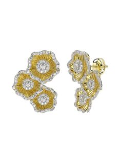 The Halo Flower Yellow Gold Earrings feature a trio of yellow gold and natural diamond camellia-inspired flowers, complete with a natural diamond at the center of each flower. Diamond Flower Yellow Gold Earrings, Diamond Yellow Gold Flower Earrings, Flower Shaped Diamond Earrings In Yellow Gold, Yellow Gold Diamond Flower Cluster Earrings, Yellow Gold Diamond Cluster Earrings In Flower Shape, Luxury Yellow Gold Flower Earrings, Diamond Flower Earrings In Yellow Gold, Luxury Yellow Gold Flower Shaped Cluster Earrings, Luxury Yellow Gold Flower Shaped Diamond Earrings