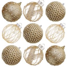 six gold christmas ornaments with white and silver trimmings on each ornament