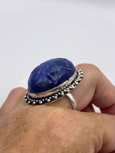 Vintage Blue Flower Carved Lapis Lazuli Ring - Etsy Unique Carved Round Rings, Unique Blue Flower Ring For Gift, Vintage Carved Rings As Gifts, Blue Gemstone Flower Ring Gift, Blue Flower Ring For Gift, Artisan Carved Ring As A Gift, Artisan Carved Ring As Gift, Blue Cabochon Sapphire Ring Gift, Artisan Carved Rings As Gifts