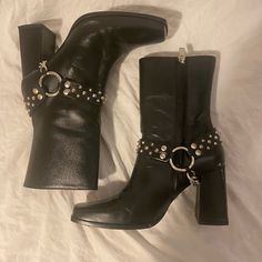 The Kooples Square Toe Black Leather Biker Harness Heeled Boots. Worn Once. Size 39. Fits Us Size 8 #Boots #Harness The Kooples, Heeled Boots, Bootie Boots, Ankle Boots, Black Leather, Women Shoes, Square, Boots, Heels