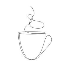 a line drawing of a coffee cup with steam coming out of the top, on a white background