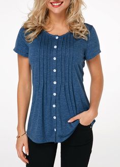 Crinkle Chest Button Up Navy Blue T Shirt Stylish Tops For Girls, Navy Blue T Shirt, Womens Trendy Tops, Trendy Tops For Women, Trendy Fashion Tops, Purple T Shirts, Loose Pullover, Solid Clothes, Online Tops