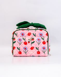 pink quilted toiletry bag with green bow handle and all over periwinkle flower, cherries, bow and lip print Embroidered Toiletry Bag, Quilted Pencil Pouch, Birthday Gifts For A Friend, Makeup Bag Gift Ideas, Toiletry Bag Essentials, Quilted Toiletry Bag, Pull Large, Mini Pouch Bag, Gifts For Nurse