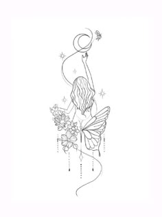 a black and white drawing of a fairy with flowers on her shoulder, holding a crescent