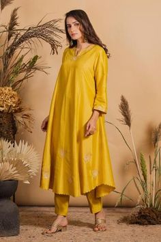 Shop for Maliha by Anar and Anoli Yellow Silk Kurta And Pant Set for Women Online at Aza Fashions Asymmetric Kurta, Silk Kurta Set, Tulip Pants, Beads Work, Latest Fashion Dresses, Silk Kurta, Yellow Silk, Plain Dress, Embroidered Neckline