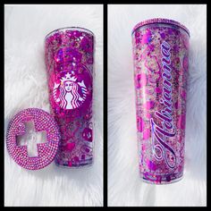 two shots of the same starbucks cup, one with pink and purple glitters on it