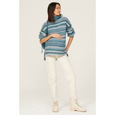 Blue striped knit (52% Wool, 47% Acrylic, 1% Spandex). Sweater. Long sleeves. Turtleneck. Pull on. 25" from shoulder to hemline. Imported. Knit Tops With Striped Hem For Winter, Winter Knit Tops With Striped Hem, Winter Knit Top With Striped Hem, Oversized Ribbed Striped Tops, Horizontal Stripe Knit Tops For Fall, Knit Tops With Horizontal Stripes For Fall, Spring Knit Tops With Horizontal Stripes, Oversized Horizontal Stripe Top For Fall, Fall Horizontal Stripe Pattern Top For Layering