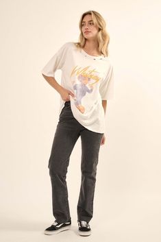 Distressed, garment washed graphic t-shirt. Vintage-style photo print with "Whitney" and "I Wanna Dance with Somebody" text. Torn and distressed detailing at neckline, sleeves, and hem. Round neckline. Short sleeves. Drop shoulder. Oversized fit. 100% Cotton. Imported top designed and printed in LA. Officially licensed Whitney Houston merchandise. Model wears size S. Style Photo, Whitney Houston, Photo Print, Fashion Photo, Oversized Fits, Drop Shoulder, Round Neckline, Photo Printing, Houston