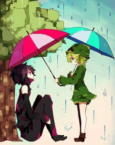 two anime characters sitting under an umbrella in the rain, one holding onto another character's leg