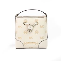 Style: Michael Kors Mercer Small Bucket Drawstring Handbag (Light Cream) Material: Embossed Pebbled Leather Features: Front MK Logo Plate Accent, Drawstring Closure, Adjustable/Detachable Crossbody Strap Measures: 7" H x 7.5" W x 4" D Logo Mk, Drawstring Handbag, Michael Kors Mercer, Small Buckets, Mk Logo, Light Cream, Small Light, Crossbody Strap, Satchel Bags