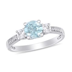 Honor your everlasting love with this gemstone and diamond engagement ring. Fashioned in cool 10K white gold, this irresistible design showcases a 6.0mm icy-blue aquamarine flanked by a duo of 3.0mm lab-created shimmering white sapphires. Glistening diamonds line the lightly tapered shank. Captivating with 1/20 ct. t.w. of diamonds and a brilliant buffed luster, this engagement ring is certain solidify your future together. Light Blue Rings Engagement, Blue Diamond Engagement Rings, Zales Engagement Rings, Blue Engagement Ring, Three Stone Engagement Ring, Jared The Galleria Of Jewelry, Aquamarine Engagement Ring, Diamond Engagement Ring Set, Aquamarine Jewelry