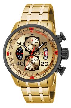 This eye-catching Invicta watch from the Aviator collection is powered by an accurate Quartz movement, with a gold, black case. Its face is decorated by a gold, metal dial, and protected by a sturdy Flame Fusion Crystal. A gold, stainless steel band completes this timepiece that can resist water for up to 100 m. Invicta Aviator has been cleared for takeoff. Ready to roll with full throttle, carrying designs honoring aeronautical graphic history, each timepiece is a delicate machine waiting for its pilot in command. Whether a short trip or a lifelong journey, the Invicta Aviator is your first instrument on land or while cruising the skies.Building each timepiece for the fierce of heart, Invicta watches are an exemplary demonstration of versatility, setting a precedent for braving the most a Mens Invicta Watches, The Aviator, Full Throttle, Best Watches For Men, Invicta Watches, Short Trip, Men's Watches, Gold Case, Black Case