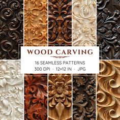 wood carving patterns in different styles and colors with the text'wood carving 16 seamless patterns 300 dpi 12in x 11in jpg