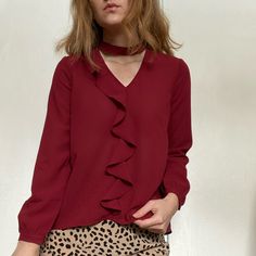 Nwt Jack By Bb Dakota Blouse Perfect For Holiday Or Work! Beautiful Front Ruffle, Cutout, Unique Collar, Back Eyelet, Sleeve Seams. Trendy Red Office Blouse, Chic Burgundy Tops For Spring, Chic Long Sleeve Burgundy Blouse, Chic Burgundy V-neck Blouse, Chic Burgundy Long Sleeve Blouse, Red Stretch Blouse For Fall, Red V-neck Top For Office, Elegant Stretch Burgundy Tops, Red Solid Color V-neck Blouse